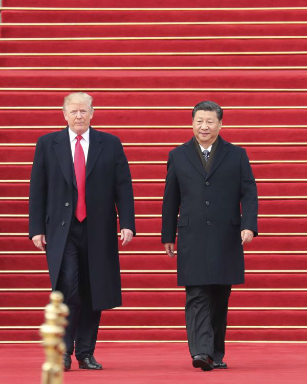 11月9日，国家主席习近平在北京人民大会堂东门外广场举行欢迎仪式，欢迎美利坚合众国总统唐纳德·特朗普对中国进行国事访问。（新华社）
