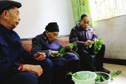 103岁的洪启莲和儿子一起择菜。