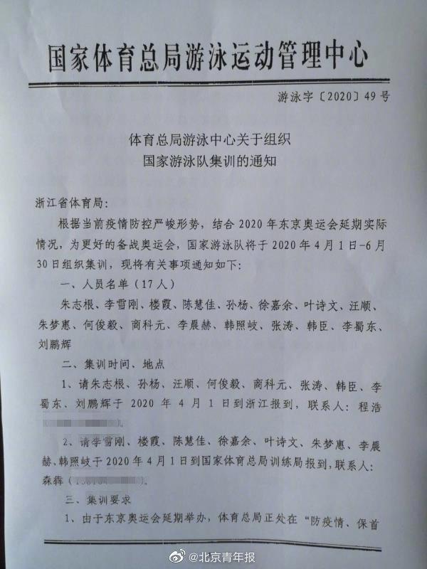 「游泳队」孙杨入选中国游泳队奥运集训名单，将在浙江参加集训