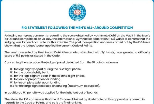 裁判|国际体联认定对桥本大辉打分无误 脚踩出界引巨大争议