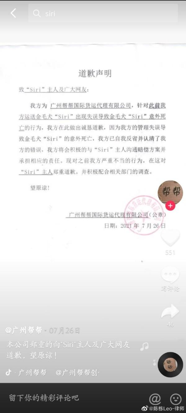 金毛|发布致歉声明并配合调查，金毛Siri主人与涉事托运公司和解