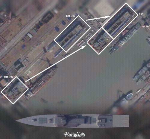 原文配图：卫星照片显示，位于中国上海的江南造船厂正在建造一款超大型驱逐舰，而且这艘驱逐舰的建造进度已经接近100%。
