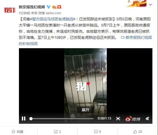 河南新乡原阳一马戏团老虎跑丢 警方回应：未曾伤人，但还没抓回来！