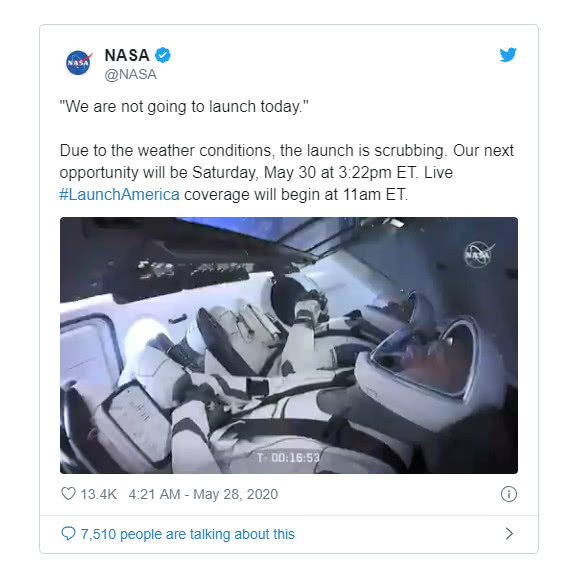 [载人飞船]SpaceX首次载人火箭发射延期 因天气原因发射前12分钟宣布改期