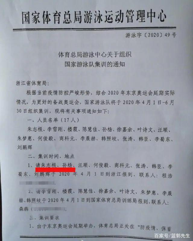 「游泳队」孙杨入选中国游泳队奥运集训名单，将在浙江参加集训