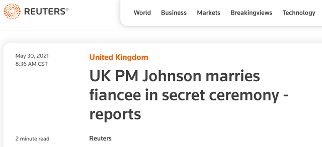 未婚妻|英首相约翰逊与未婚妻举行秘密婚礼 30名宾客在短时间内被邀请